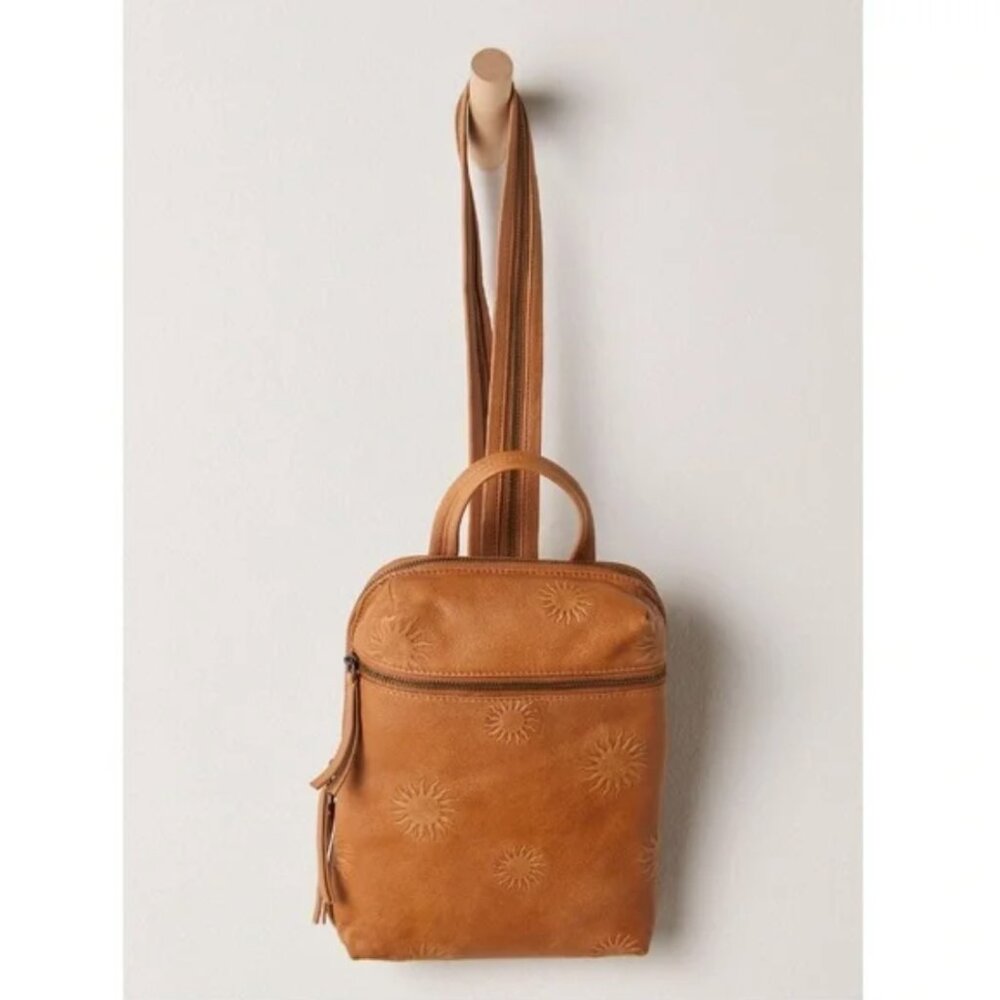 NWT Free People Break of Dawn 100% Leather Backpack Cognac Tan Tooled Sun - Picture 11 of 13